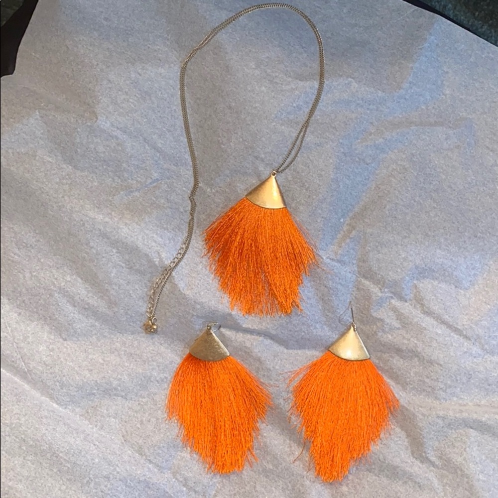 Orange Tassel Necklace and Earrings